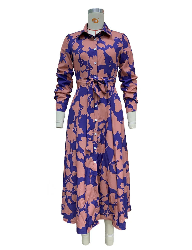 2024 Spring New Women's Fashion Style Printed Sexy Waist Strap Mid Length Single Breasted Long Sleeve Collar Dress