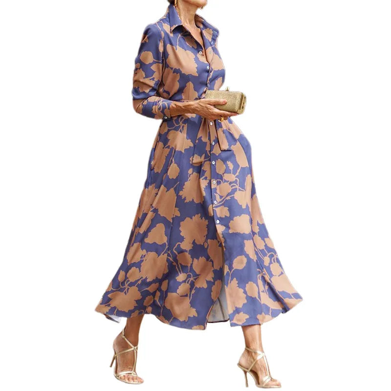 2024 Spring New Women's Fashion Style Printed Sexy Waist Strap Mid Length Single Breasted Long Sleeve Collar Dress