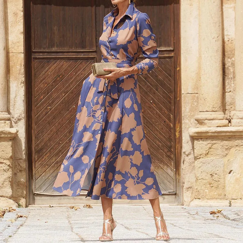 2024 Spring New Women's Fashion Style Printed Sexy Waist Strap Mid Length Single Breasted Long Sleeve Collar Dress
