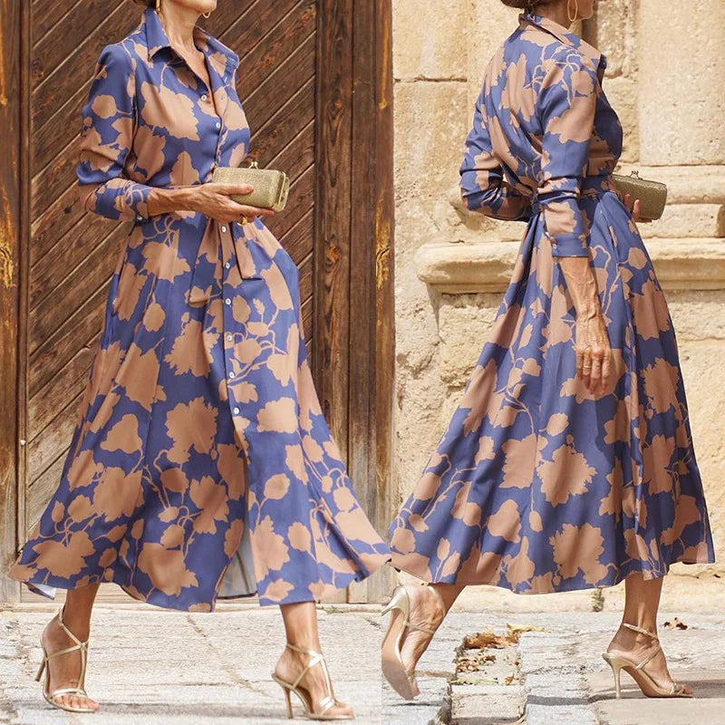 2024 Spring New Women's Fashion Style Printed Sexy Waist Strap Mid Length Single Breasted Long Sleeve Collar Dress