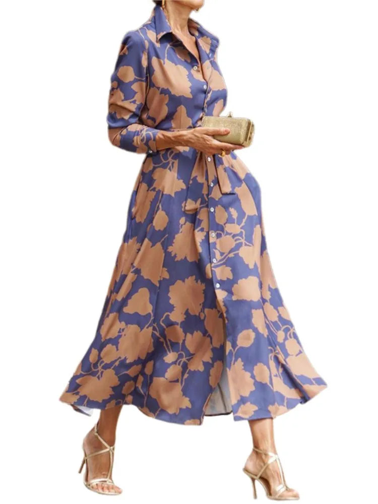2024 Spring New Women's Fashion Style Printed Sexy Waist Strap Mid Length Single Breasted Long Sleeve Collar Dress