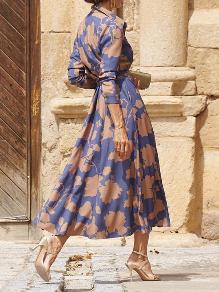 2024 Spring New Women's Fashion Style Printed Sexy Waist Strap Mid Length Single Breasted Long Sleeve Collar Dress