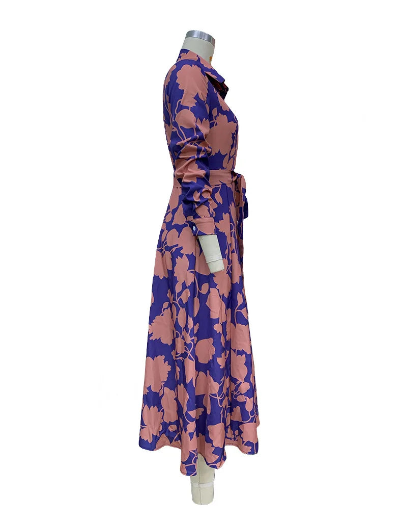 2024 Spring New Women's Fashion Style Printed Sexy Waist Strap Mid Length Single Breasted Long Sleeve Collar Dress