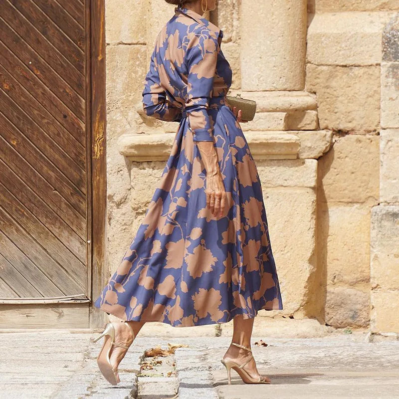 2024 Spring New Women's Fashion Style Printed Sexy Waist Strap Mid Length Single Breasted Long Sleeve Collar Dress