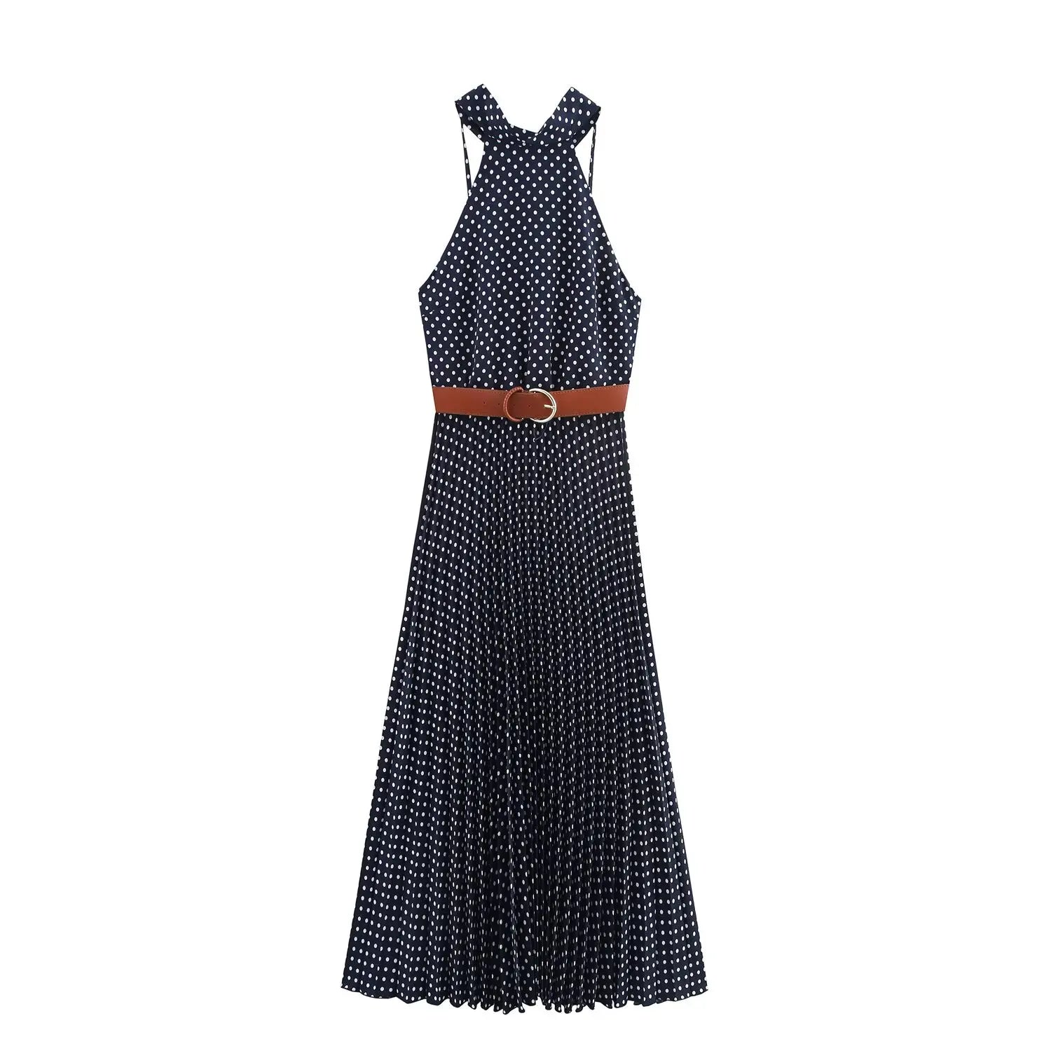 TRAF European and American style summer new fashion trend women's slim fit with belt polka dot halter neck midi dress