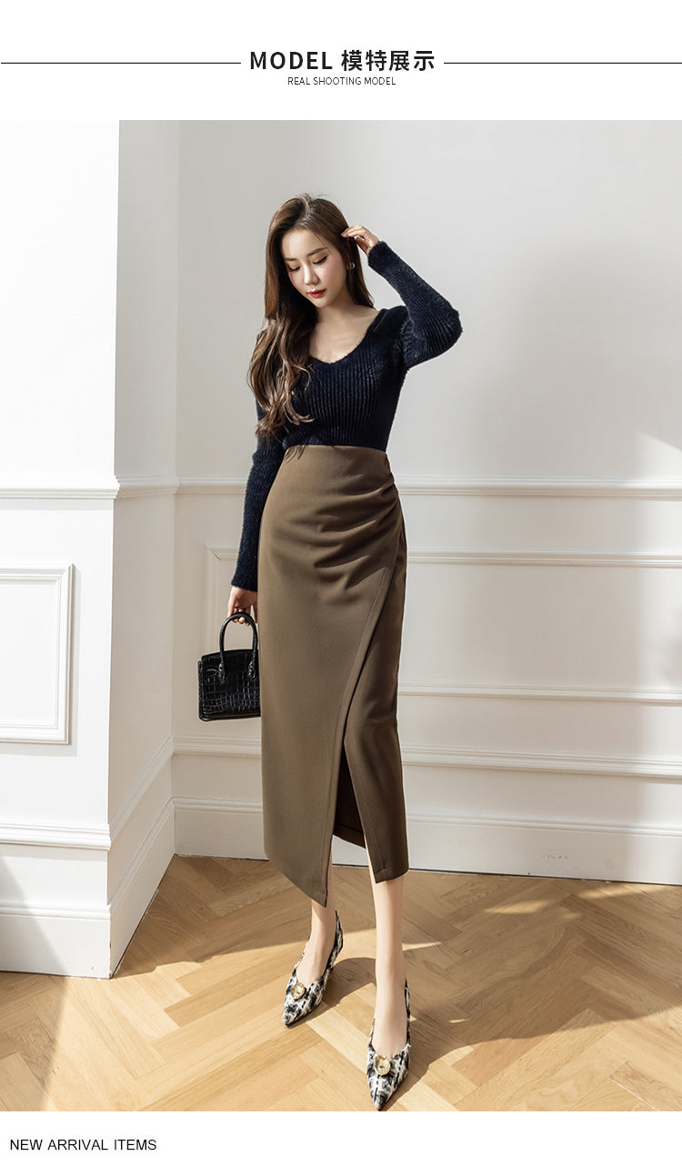 Elegant Woolen Long Skirt Women New High Waist Split Pencil Skirts Autumn Korean Solid Color Office Lady Slim Bag Hip Skirt T914
