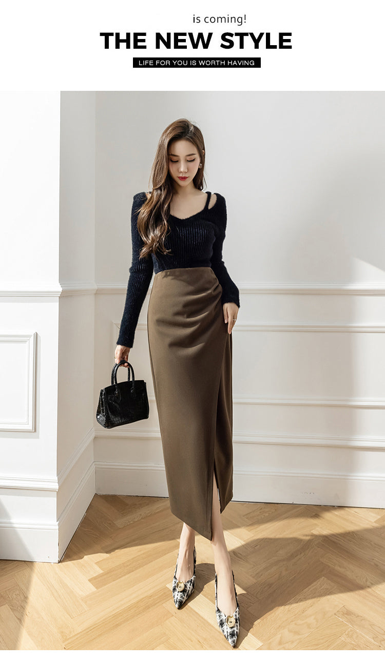 Elegant Woolen Long Skirt Women New High Waist Split Pencil Skirts Autumn Korean Solid Color Office Lady Slim Bag Hip Skirt T914