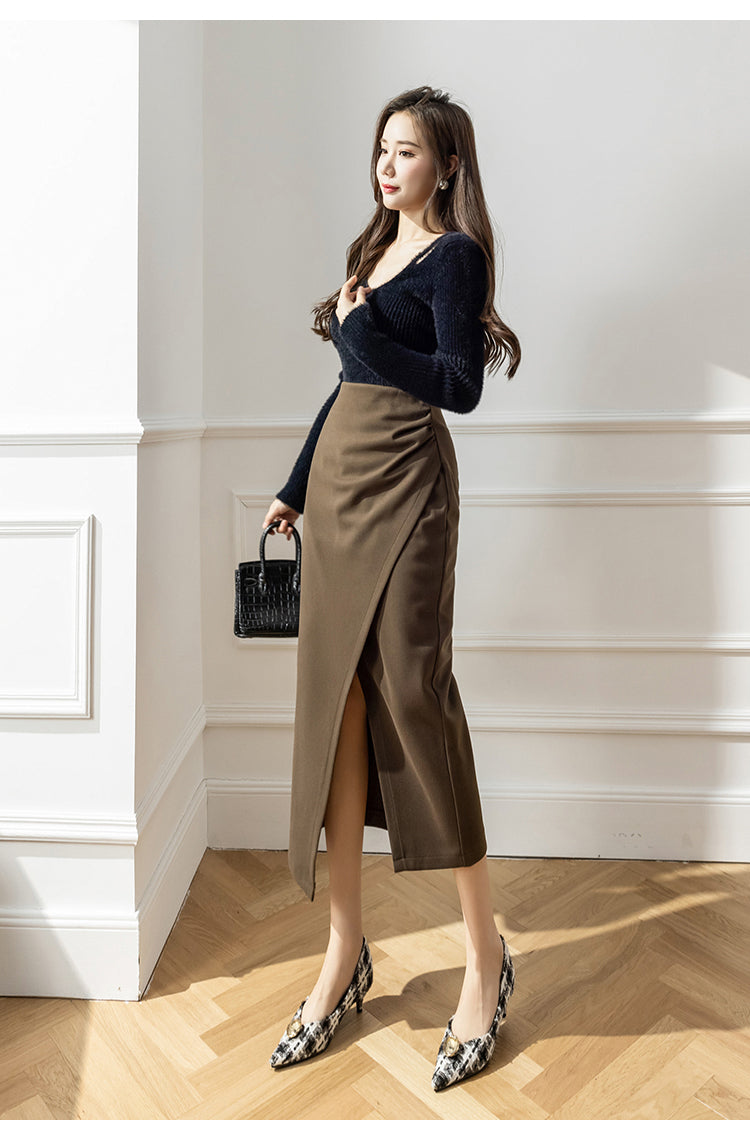 Elegant Woolen Long Skirt Women New High Waist Split Pencil Skirts Autumn Korean Solid Color Office Lady Slim Bag Hip Skirt T914