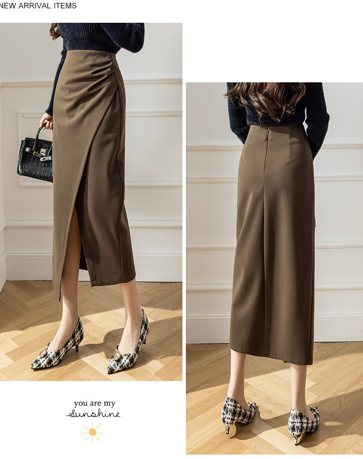 Elegant Woolen Long Skirt Women New High Waist Split Pencil Skirts Autumn Korean Solid Color Office Lady Slim Bag Hip Skirt T914