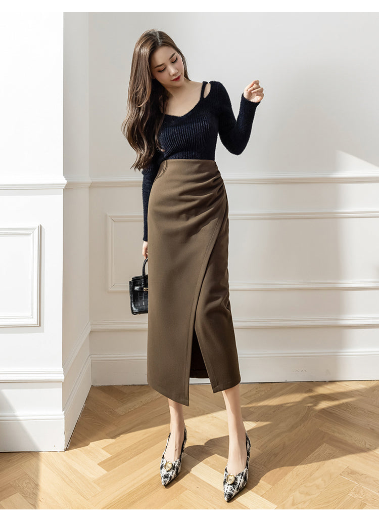 Elegant Woolen Long Skirt Women New High Waist Split Pencil Skirts Autumn Korean Solid Color Office Lady Slim Bag Hip Skirt T914