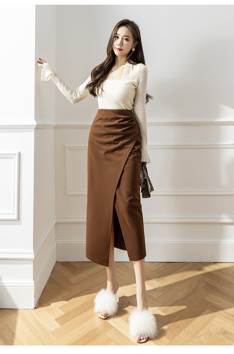 Elegant Woolen Long Skirt Women New High Waist Split Pencil Skirts Autumn Korean Solid Color Office Lady Slim Bag Hip Skirt T914