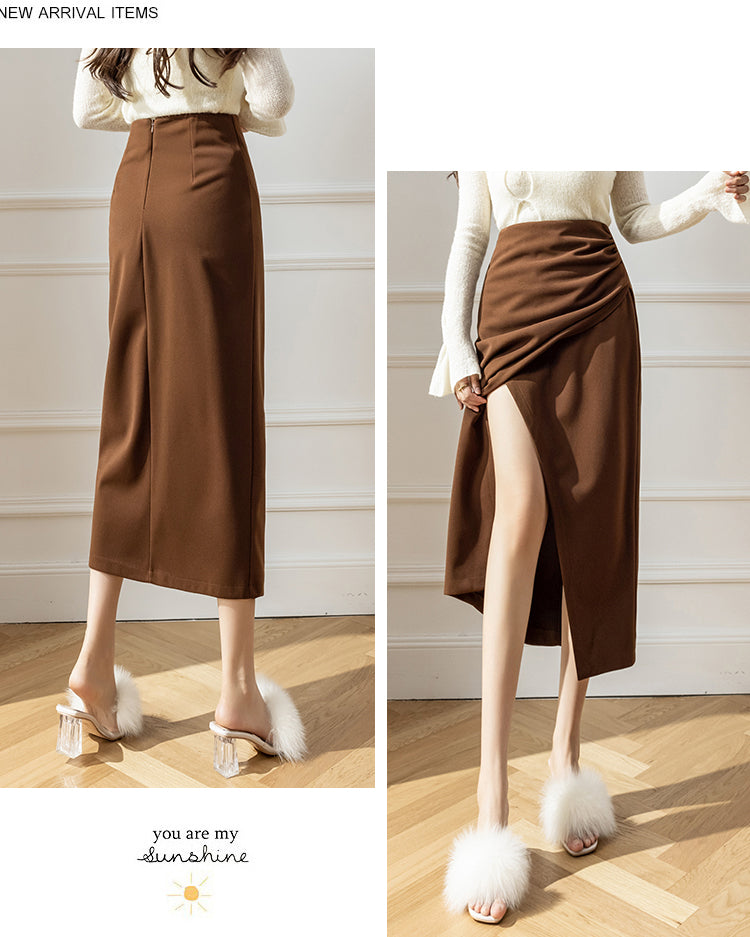 Elegant Woolen Long Skirt Women New High Waist Split Pencil Skirts Autumn Korean Solid Color Office Lady Slim Bag Hip Skirt T914