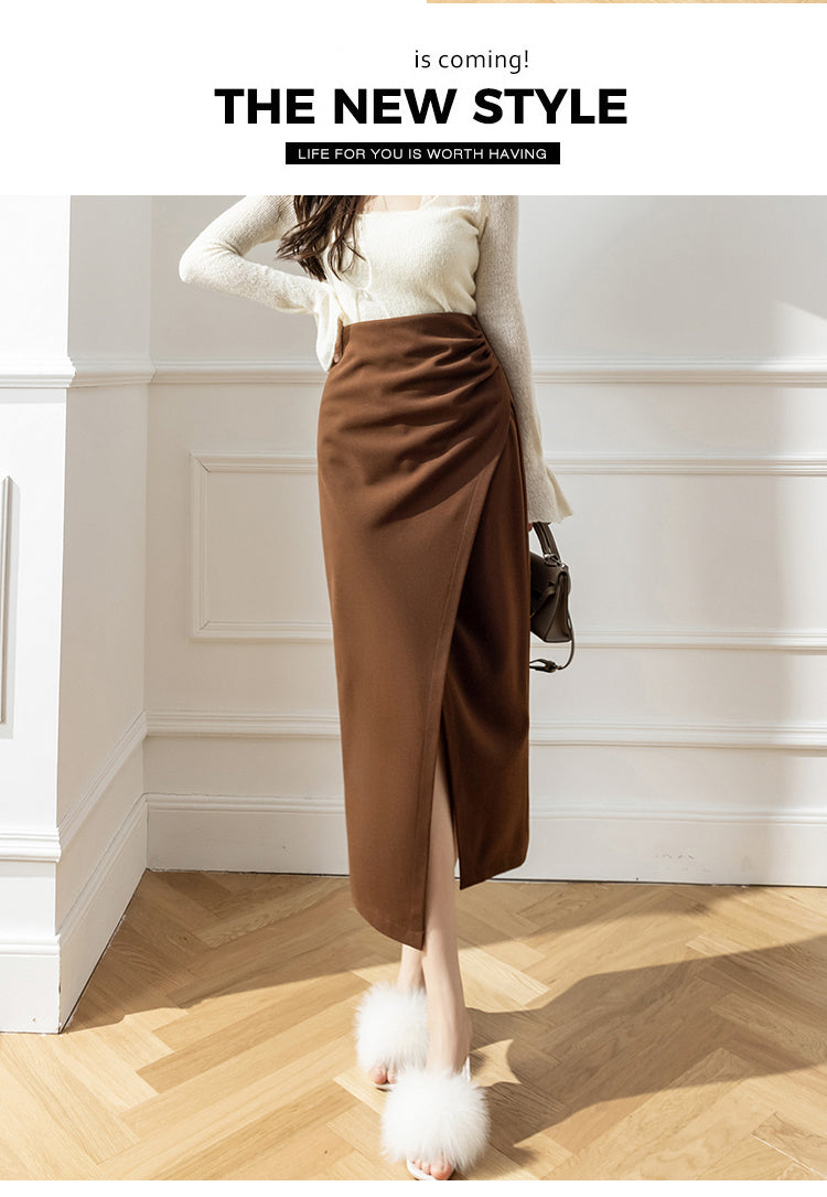Elegant Woolen Long Skirt Women New High Waist Split Pencil Skirts Autumn Korean Solid Color Office Lady Slim Bag Hip Skirt T914