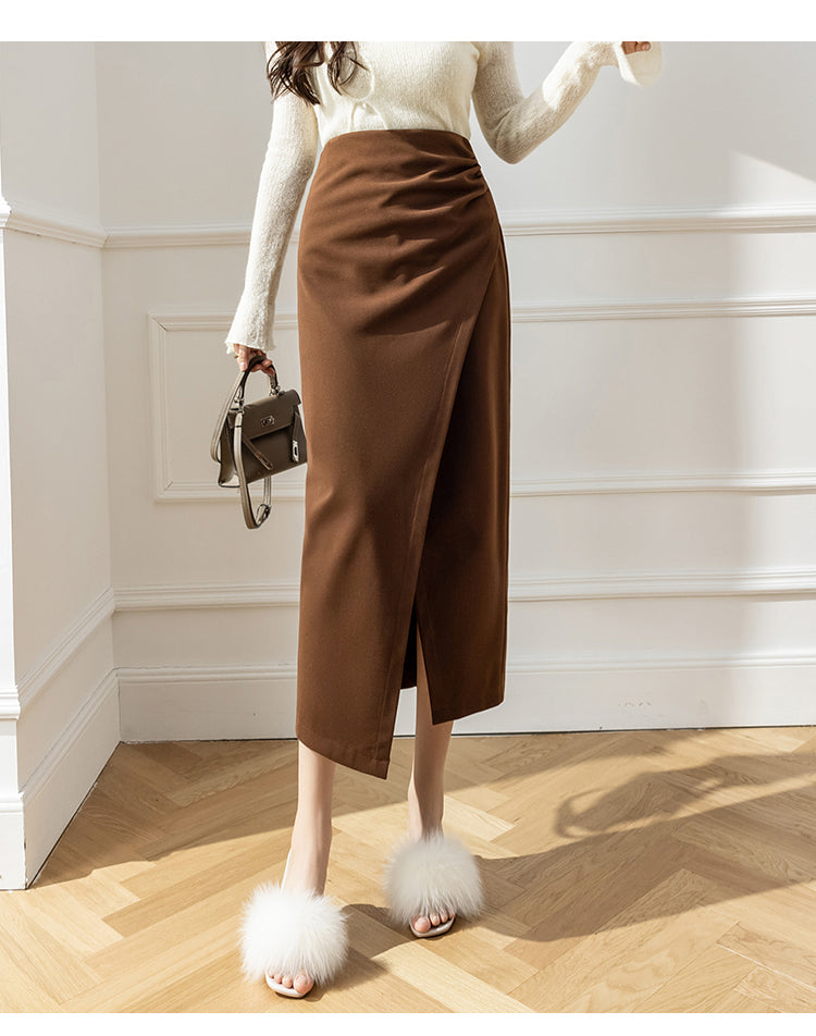 Elegant Woolen Long Skirt Women New High Waist Split Pencil Skirts Autumn Korean Solid Color Office Lady Slim Bag Hip Skirt T914