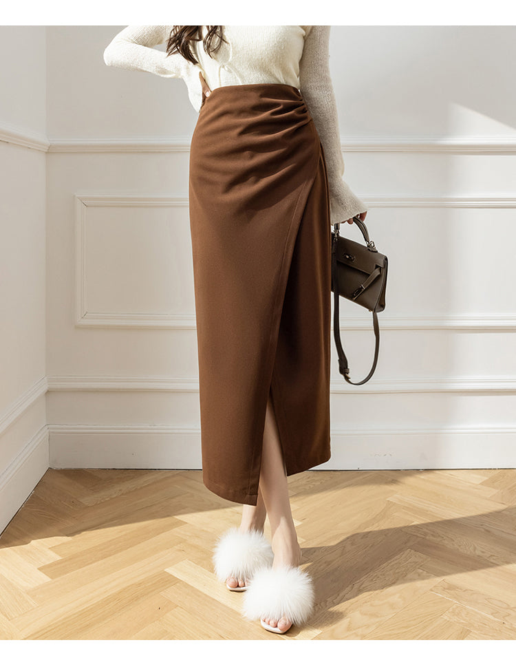 Elegant Woolen Long Skirt Women New High Waist Split Pencil Skirts Autumn Korean Solid Color Office Lady Slim Bag Hip Skirt T914
