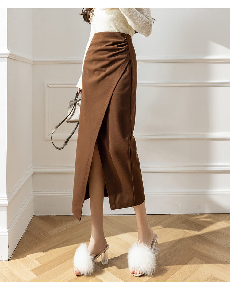 Elegant Woolen Long Skirt Women New High Waist Split Pencil Skirts Autumn Korean Solid Color Office Lady Slim Bag Hip Skirt T914