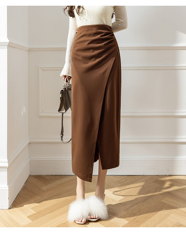 Elegant Woolen Long Skirt Women New High Waist Split Pencil Skirts Autumn Korean Solid Color Office Lady Slim Bag Hip Skirt T914