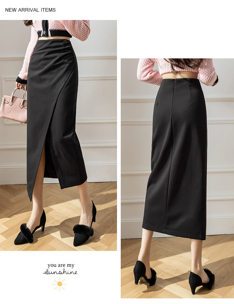 Elegant Woolen Long Skirt Women New High Waist Split Pencil Skirts Autumn Korean Solid Color Office Lady Slim Bag Hip Skirt T914