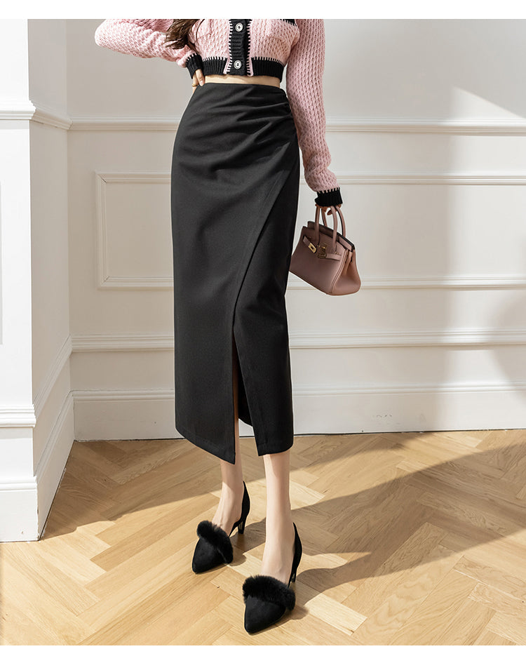 Elegant Woolen Long Skirt Women New High Waist Split Pencil Skirts Autumn Korean Solid Color Office Lady Slim Bag Hip Skirt T914