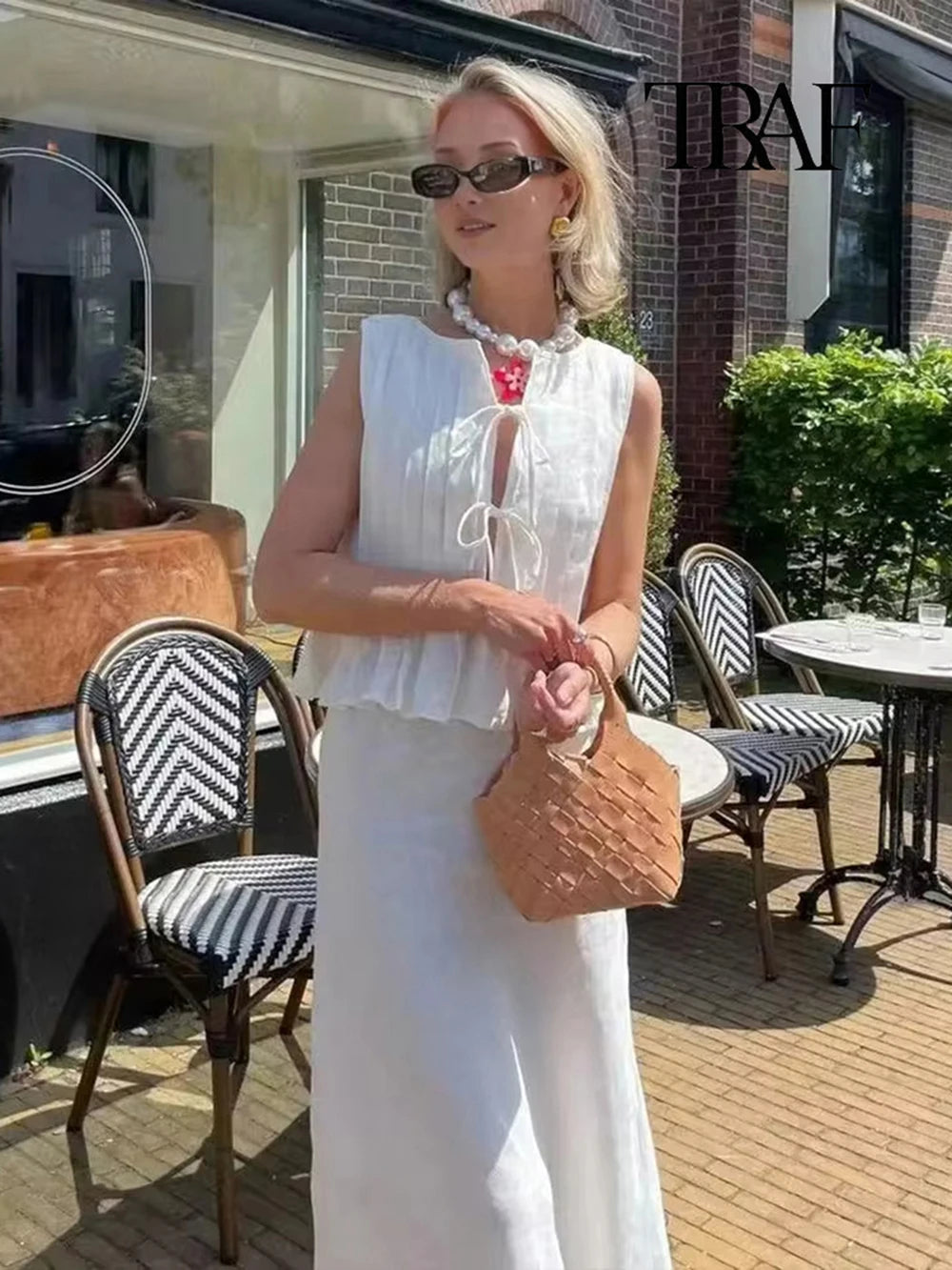 TRAF Women's Fashion Folded Ruffle Sleeveless Top Long Skirt Set Elegant White Lace Tie Blouse Chic High Waist Long Skirt Set