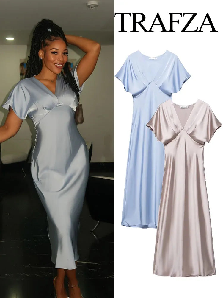 TRAFZA Summer Causal Silk Satin Texture Dresses For Women Pleated Short Sleeves Vintage V-neck Summer Pajama Style Midi Dresses