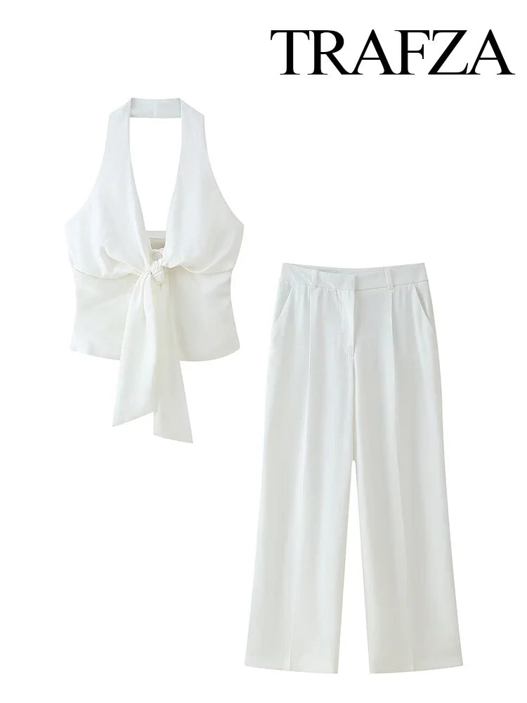 TRAFZA Women Pants Suit White Hanging Neck Collar Knot Decoration Top+Chic High Waist Side Pocket Zipper Pleated Wide-Leg Pants