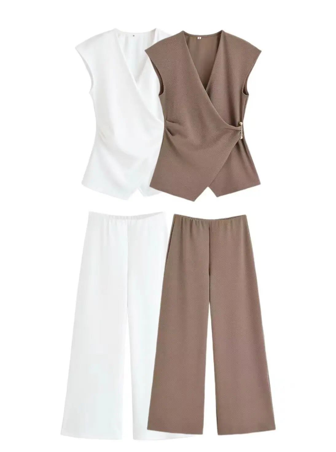 TRAF Simple Style Wide Leg Pants 2 Pieces Sets For Women Ruched Pin Vest Top Trousers Women's Suit 2025 New Casual Woman Outfits