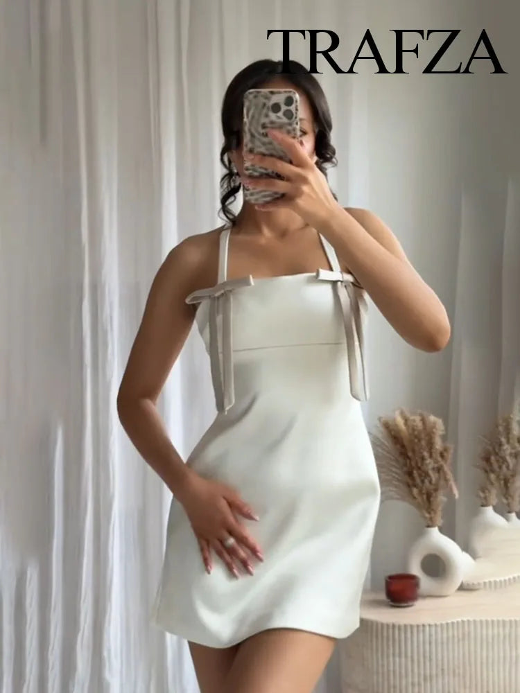 TRAFZA Women Summer New Bow Trim Silk Satin Short Sling Dress Female Elegant Straight Collar Backless Zipper Sleeveless Dress