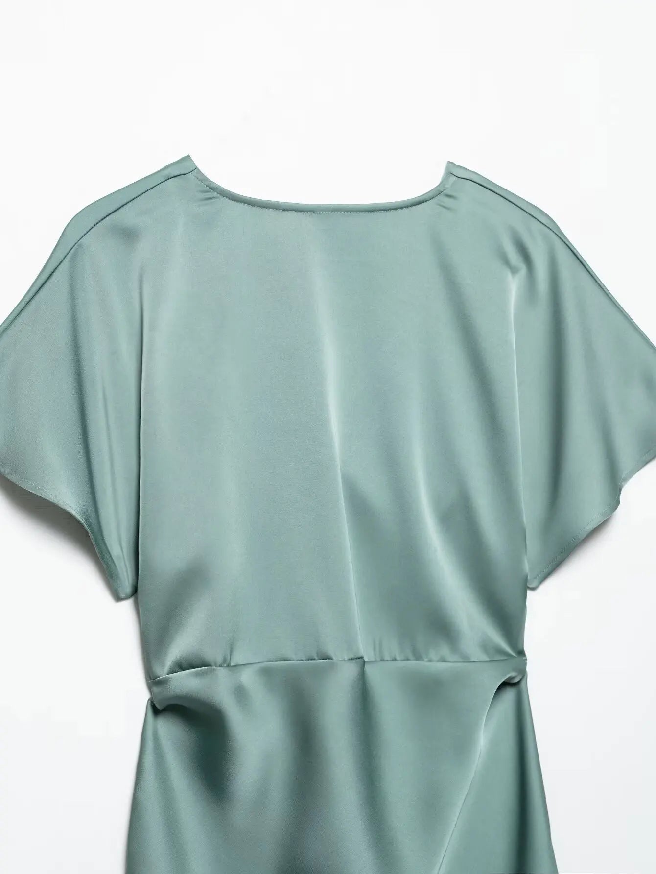 TRAFZA Summer Causal Silk Satin Texture Dresses For Women Pleated Short Sleeves Vintage V-neck Summer Pajama Style Midi Dresses
