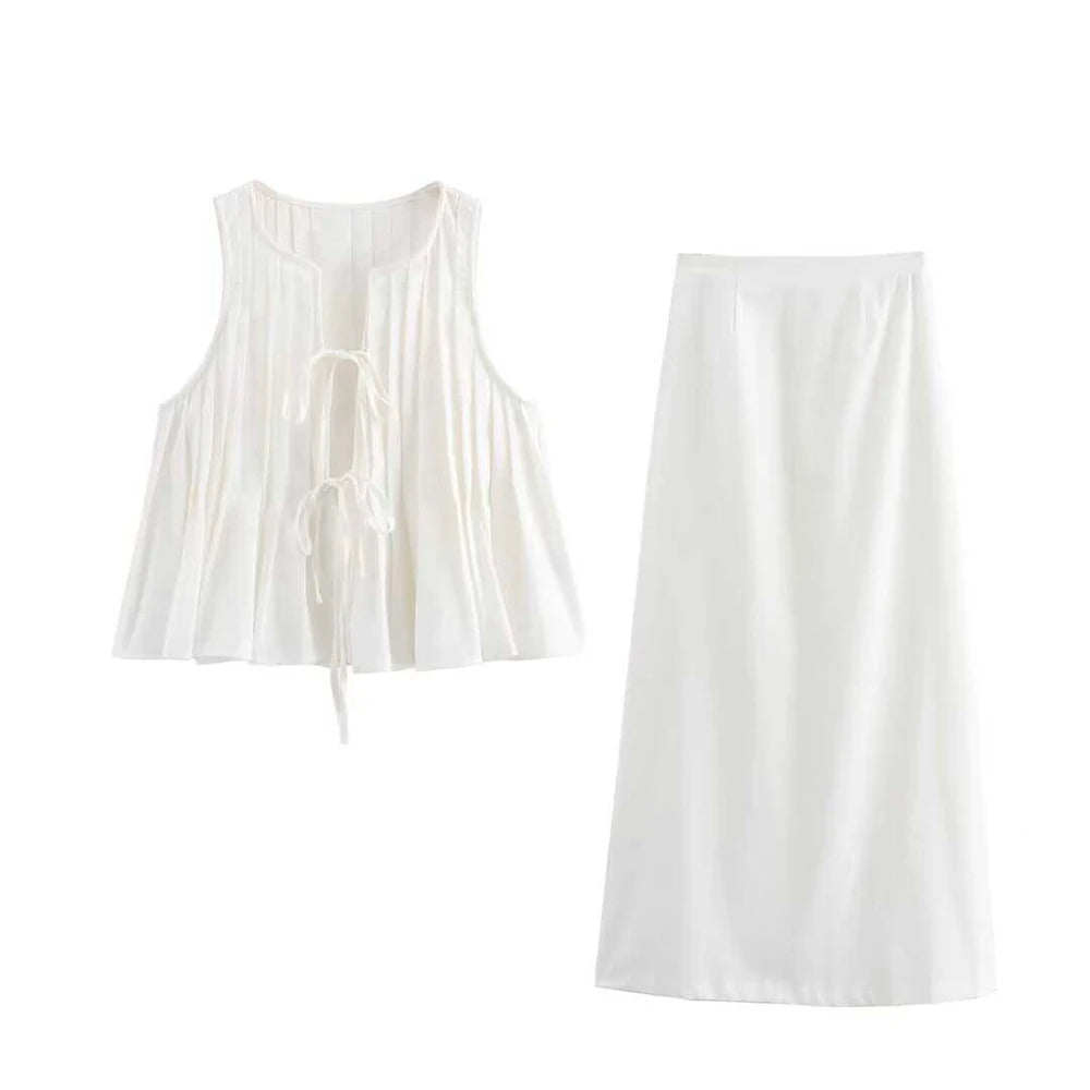 TRAF Women's Fashion Folded Ruffle Sleeveless Top Long Skirt Set Elegant White Lace Tie Blouse Chic High Waist Long Skirt Set