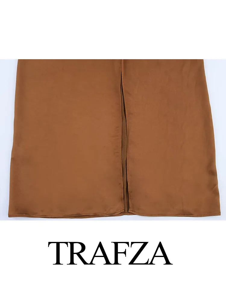 TRAFZA Women 2025 Fashion Solid Satin Texture Sleeveless Midi Dress Female Spring Hanging Neck Collar Hollow Out Long Dress