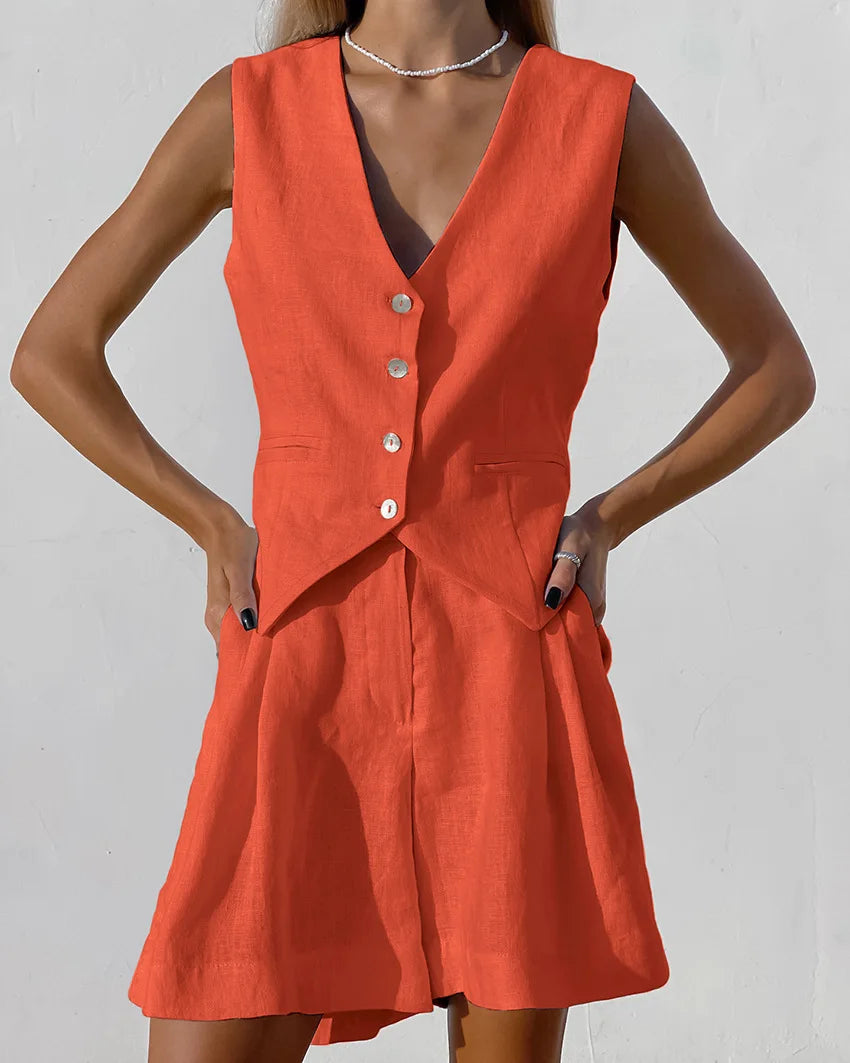 2025 Design Cotton Linen Suit Vest Suit Women's Summer Casual Sleeveless Vest Shorts Two-piece Set костюм женский летний