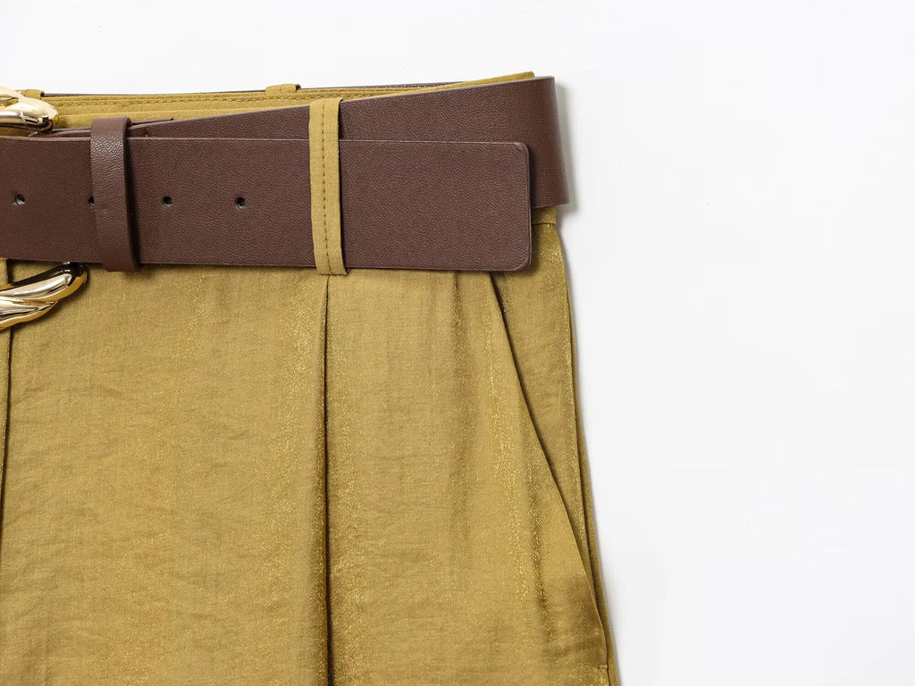 PB&ZA2025 Summer New Women's Solid Color Temperament Matching Belt Satin Textured Wide Leg Casual Pants