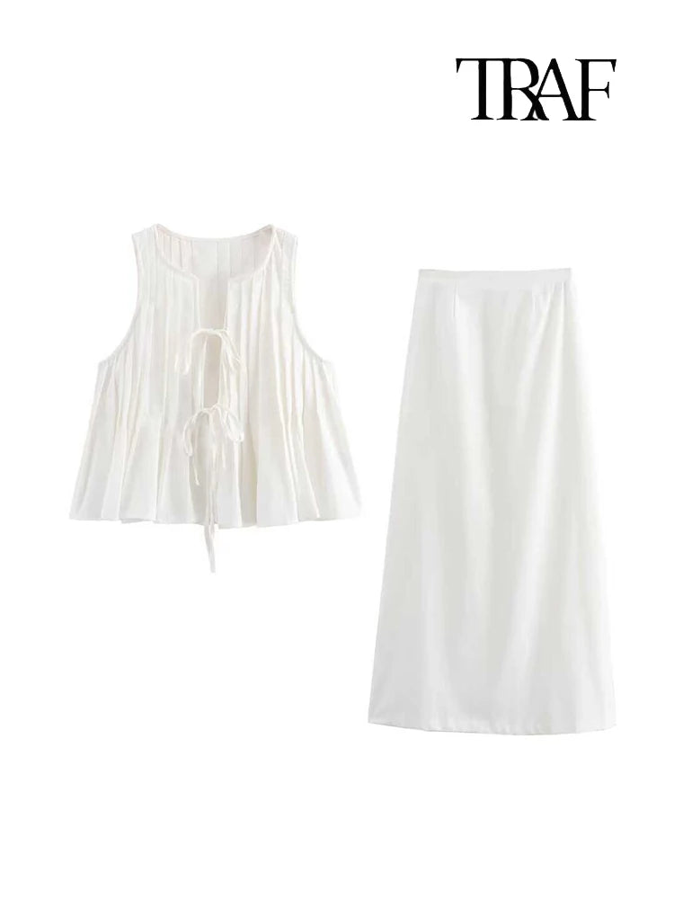 TRAF Women's Fashion Folded Ruffle Sleeveless Top Long Skirt Set Elegant White Lace Tie Blouse Chic High Waist Long Skirt Set