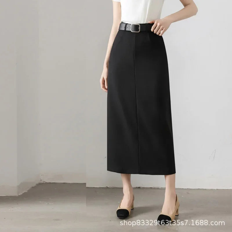 High Waist A- Line Long Skirt for Women in Black And Grey Suiting Spring Autumn Straight Cut Wrap around Skirt Polyester Fiber
