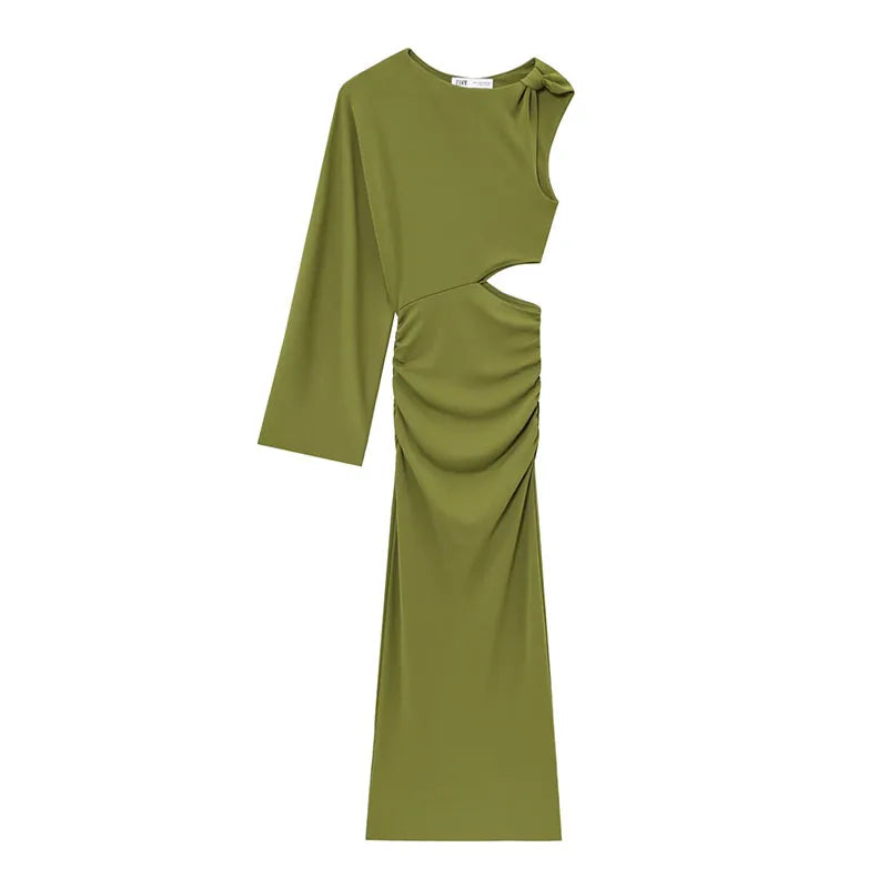 TRAFZA Female Summer Holiday Style Long Dress Green O-Neck Single-Shoulder Sleeve Hollow Out Waist Women's New Fashion Dresses