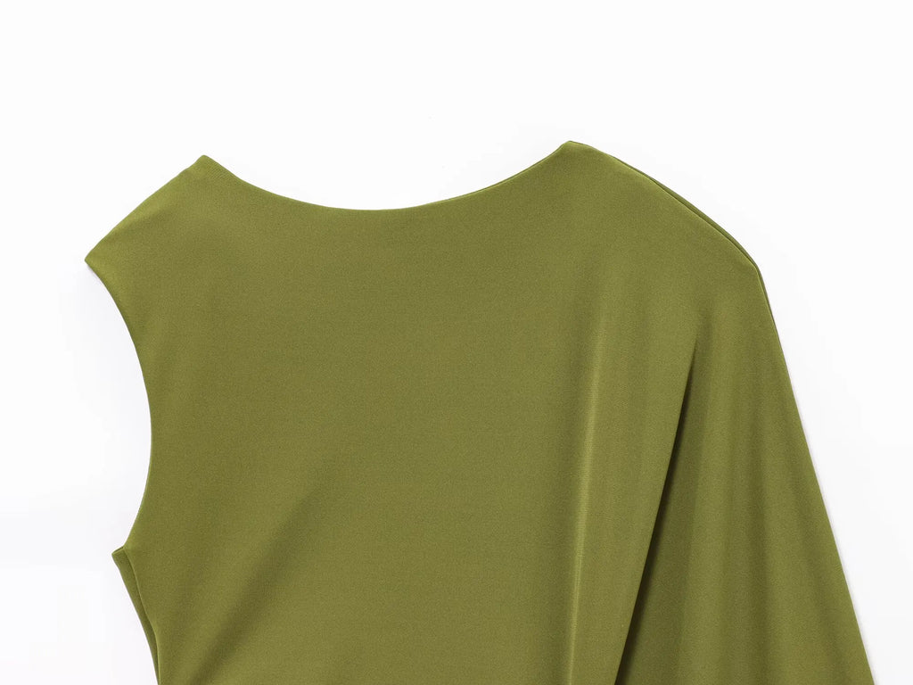 TRAFZA Female Summer Holiday Style Long Dress Green O-Neck Single-Shoulder Sleeve Hollow Out Waist Women's New Fashion Dresses