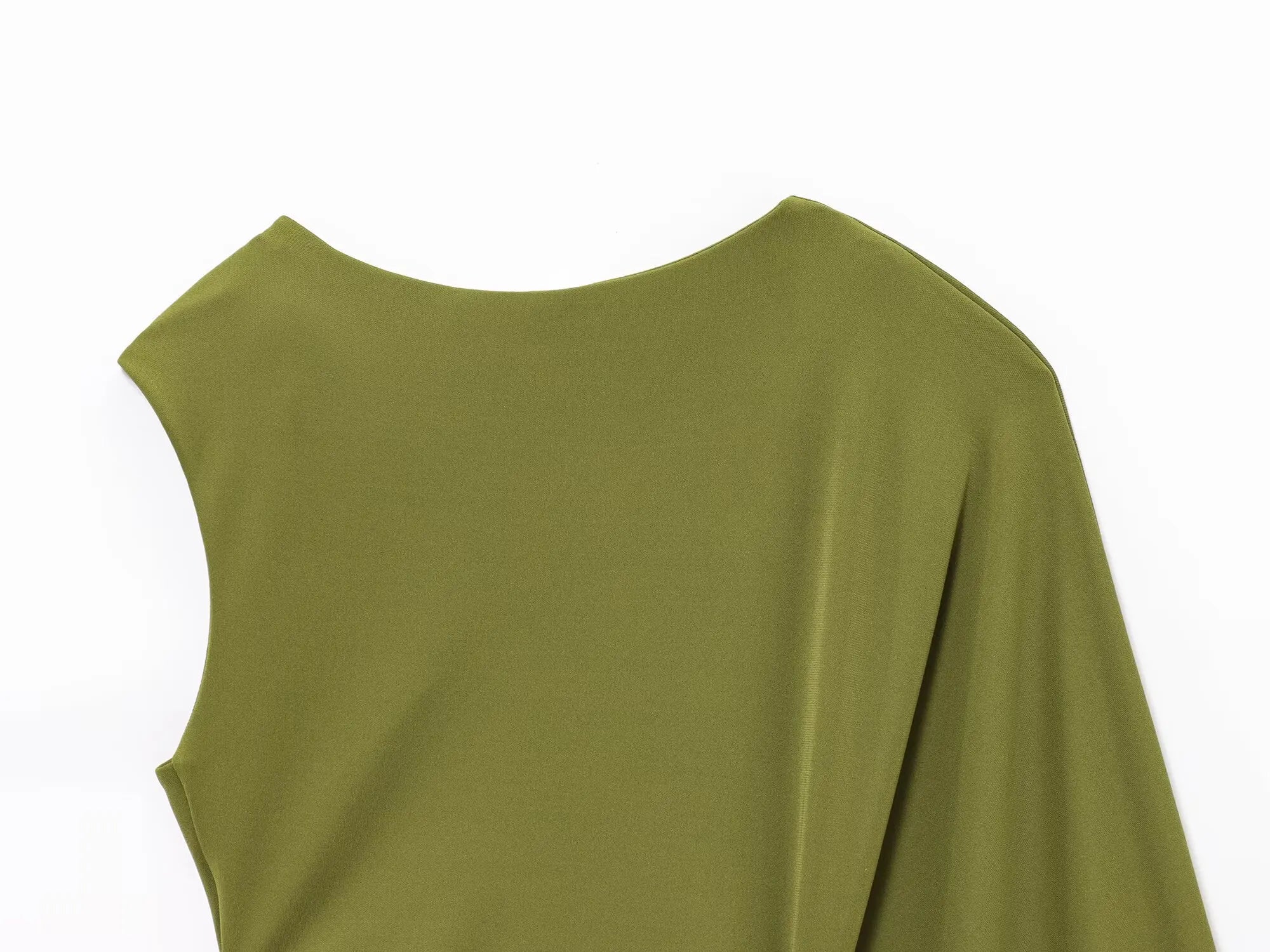 TRAFZA Female Summer Holiday Style Long Dress Green O-Neck Single-Shoulder Sleeve Hollow Out Waist Women's New Fashion Dresses