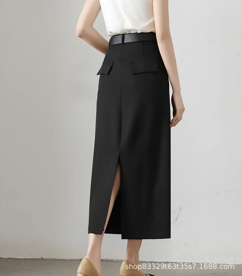 High Waist A- Line Long Skirt for Women in Black And Grey Suiting Spring Autumn Straight Cut Wrap around Skirt Polyester Fiber