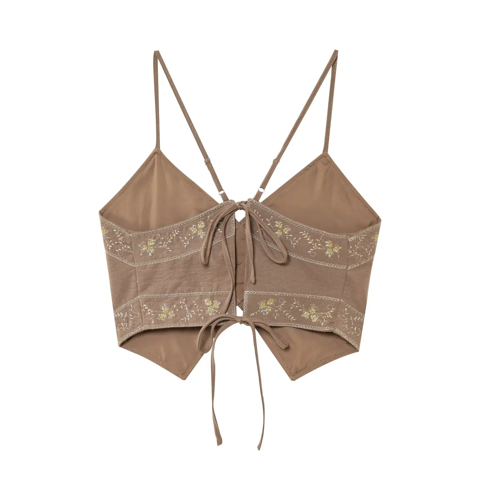 TRAFZA Female Summer Sexy Sling Tops Light Brown V-Neck Sleeveless Embroidery Lace-Up Decoration Women's Fashion Short Tops