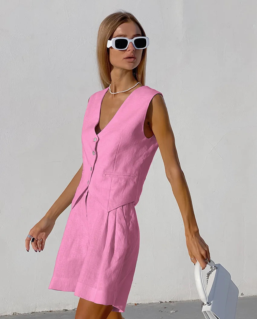 2025 Design Cotton Linen Suit Vest Suit Women's Summer Casual Sleeveless Vest Shorts Two-piece Set костюм женский летний