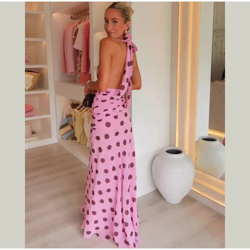 JULISSA MO Print Polka Dot Halter Women Maxi Dress Pink Sexy Backless V-neck Dress Femme Summer Slim Elegant Party Evening Dress