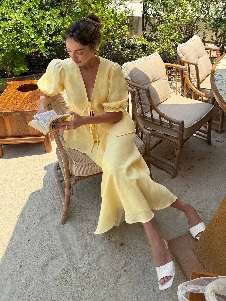 Tossy Summer Ruffled 2 Piece-Set Maxi Skirt For Women V-Neck Lace-Up Short Sleeve Shirts Top And Slim High Waist Long Skirt Sets