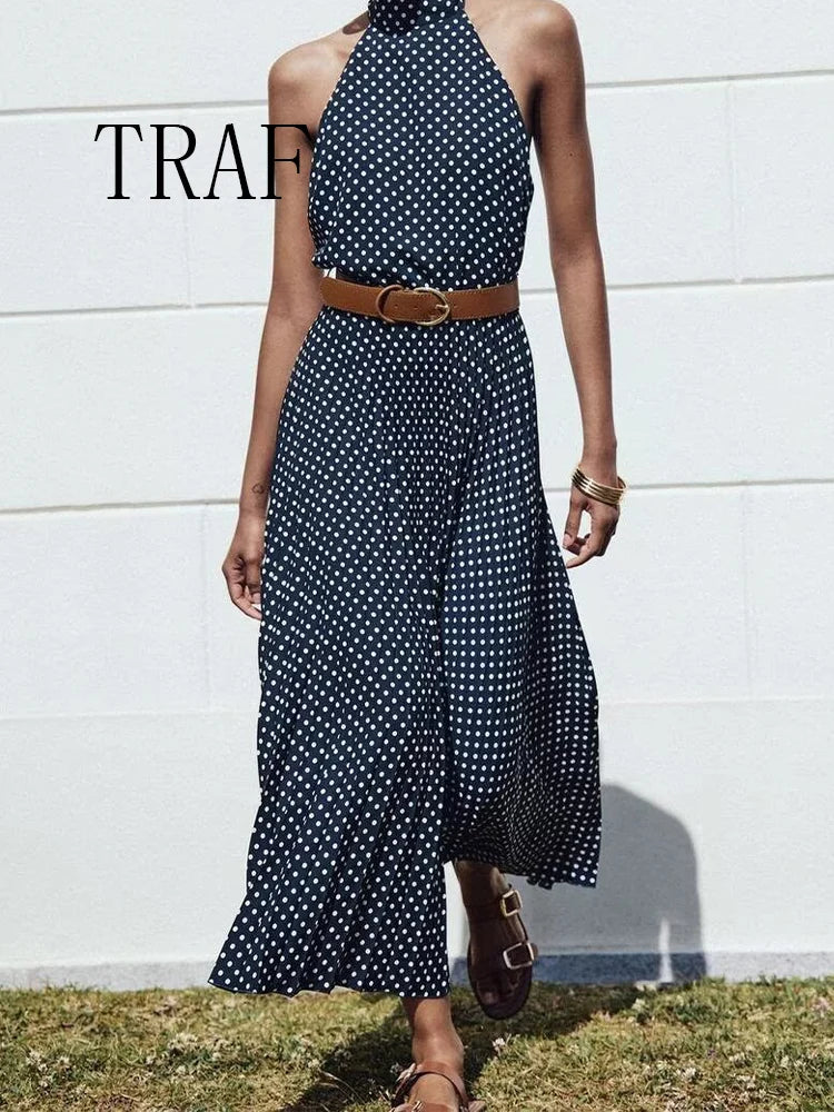 TRAF European and American style summer new fashion trend women's slim fit with belt polka dot halter neck midi dress
