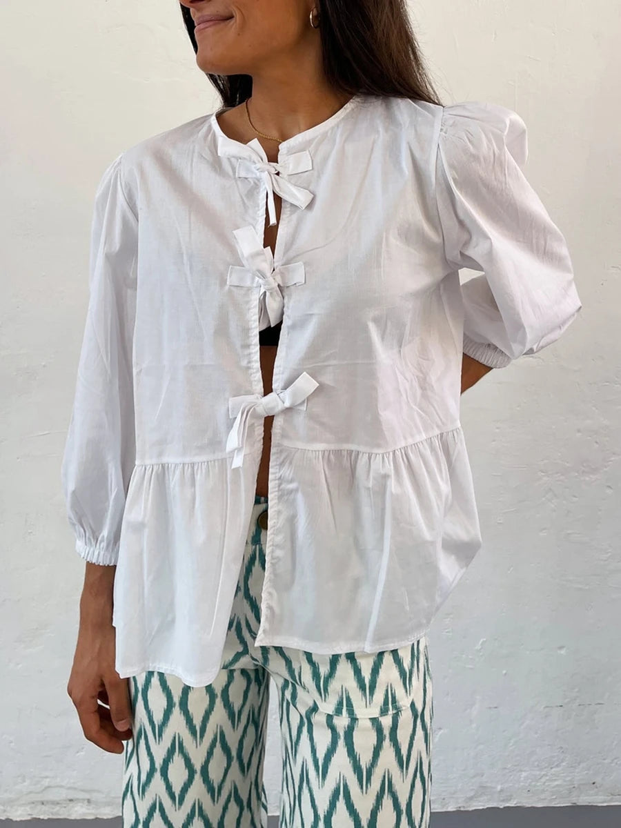Women's Y2K Kawaii Summer Peplum Blouses Tops 3/4 Puff Sleeve Round Neck Bow Knot Tie-Up Front Babydoll Flare Casual Shirts