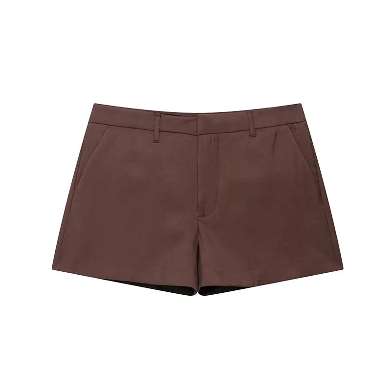 TRAFZA Female Summer Fashion Suits Brown Turn-Down Collar Long Sleeves Bow Lace-Up Single-Breasted Coat+High Waist Zipper Shorts
