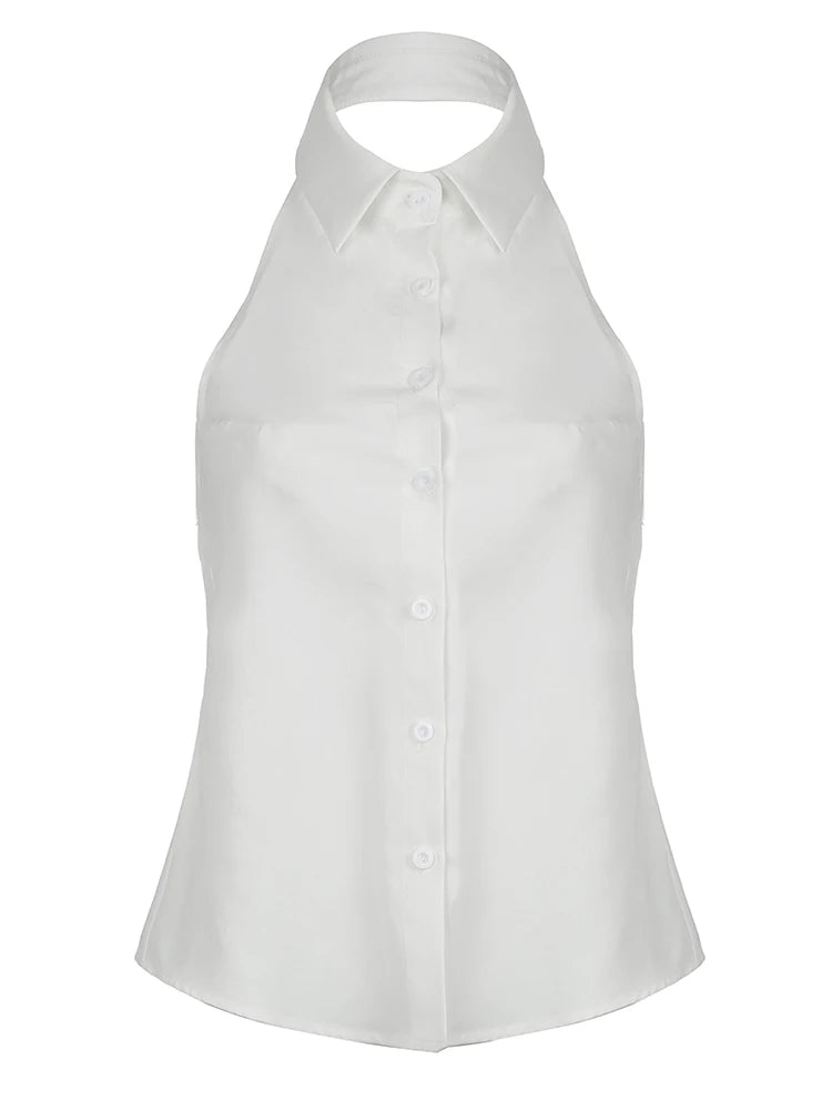 Sweetown Sleeveless Backless Tie Bow Shirts For Women Single Breasted Turn Down V Neck Sexy Halter Tops Solid Summer Vacation