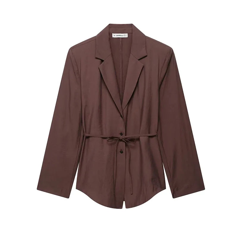 TRAFZA Female Summer Fashion Suits Brown Turn-Down Collar Long Sleeves Bow Lace-Up Single-Breasted Coat+High Waist Zipper Shorts