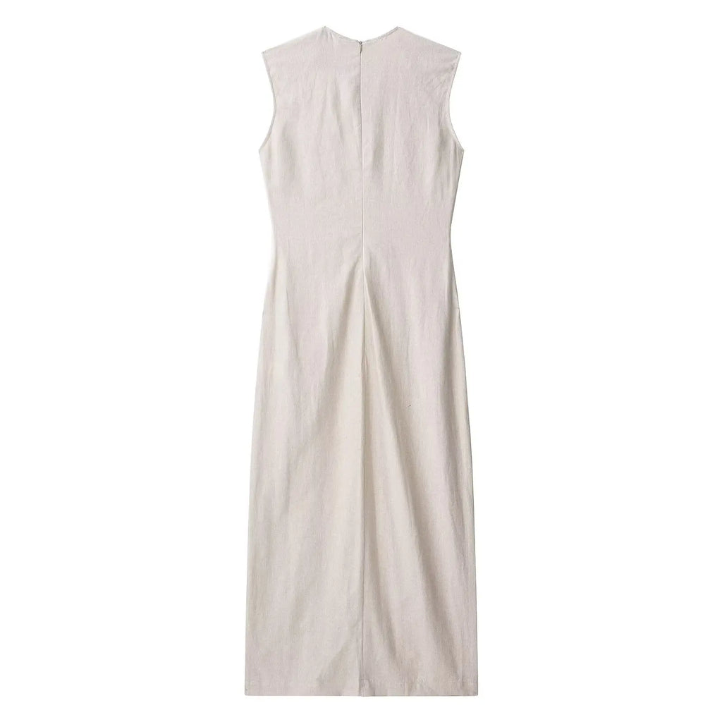 TRAFZA Women Summer New Round Neck Sleeveless Barrel Pocket Decorative Midi Dress Female Elegant Casual Long Straight Slim Dress
