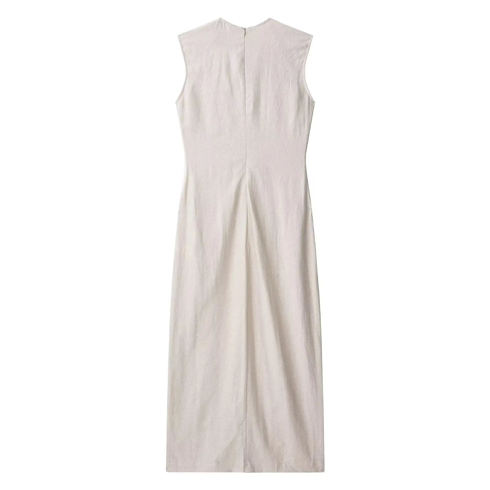 TRAFZA Women Summer New Round Neck Sleeveless Barrel Pocket Decorative Midi Dress Female Elegant Casual Long Straight Slim Dress